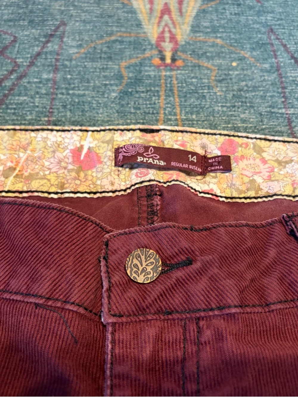 Prana Wine Corduroy Women's Pants with Decorative Button